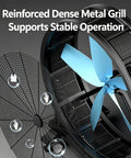Badass Industrial Mobile Floor Fan Powered By Brushless Permanent Magnet Motor And Secure Locking Casters For Straight Up Warehouse Cooling And Major Power Bill Cuts Daily Shift Long Rock Solid Performance Guaranteed showing a blue fan blade and dense metal grill.