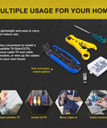 Coax Cable Crimp Kit With Adjustable Compression Tool For RG6 RG59 RG11 F Connectors Includes Coax Stripper And 20 F Compression Connectors Ergonomic Anti Slip Handle Easy Thumb Screw Adjustment on a table.