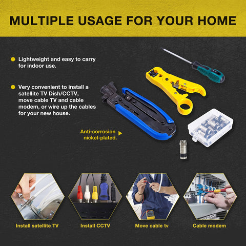 Coax Cable Crimp Kit With Adjustable Compression Tool For RG6 RG59 RG11 F Connectors Includes Coax Stripper And 20 F Compression Connectors Ergonomic Anti Slip Handle Easy Thumb Screw Adjustment on a table.