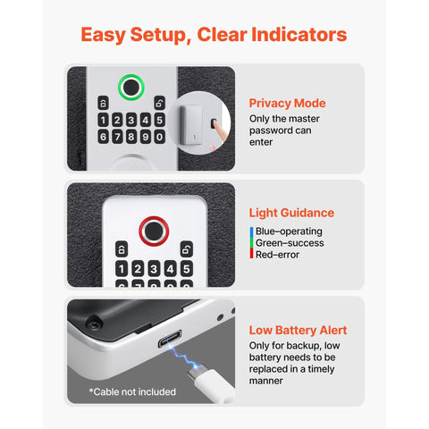 Image showing features of Silver Fingerprint Deadbolt Keyless Entry Door Lock With Hella Secure Biometric Access and indicators.