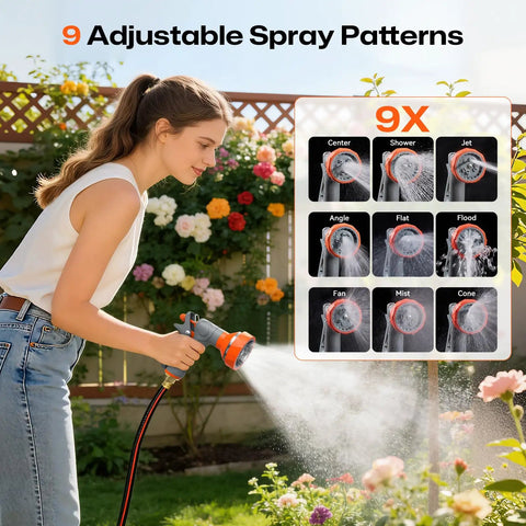 Woman using Tough As Nails Retractable Garden Hose Reel With Eighty Five Feet One Half Inch Hose with nine pattern nozzle spray