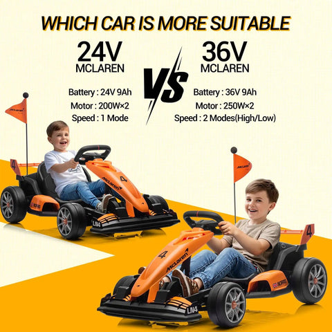 Two kids riding McLaren Licensed 24V Kids Electric Go Kart With Dual 200W Motors F1 Drift Style Ride On Car Adjustable Seat Six Safety Upgrades CVT Speed Mode Anti Skid Tires And LED Lights Orange.