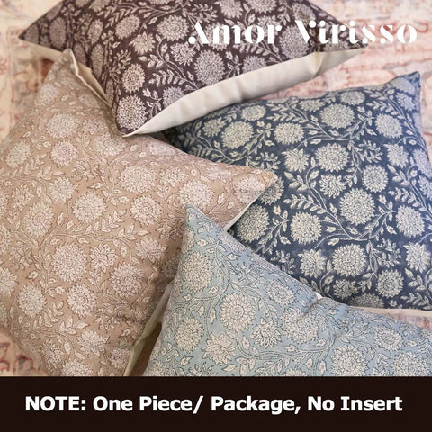 Floral Pillow Covers 18x18 Vintage Block Print Throw Pillow Covers In Neutral Dusty Blue For Living Room Farmhouse Style Cozy Homey Couch Decor Accent Sofa Pillows, set of floral cotton covers