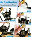 Applying 2 Oz Fishing Reel Oil Lubricant Set to reel parts for smooth operation in freshwater and saltwater environments (2 Pack).