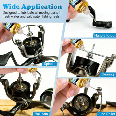 Applying 2 Oz Fishing Reel Oil Lubricant Set to reel parts for smooth operation in freshwater and saltwater environments (2 Pack).