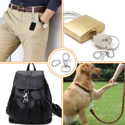 Top Shelf Badass Heavy Duty Zinc Alloy 120 Piece Keychain Clip Hooks And D Rings Set Featuring Swivel Snap Fasteners shown on bags, keys, and dog leash.