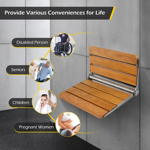 Wall Mounted Folding Shower Seat With Wood Bench, 400 Lb Load Capacity, for disabled, seniors, children, pregnant women