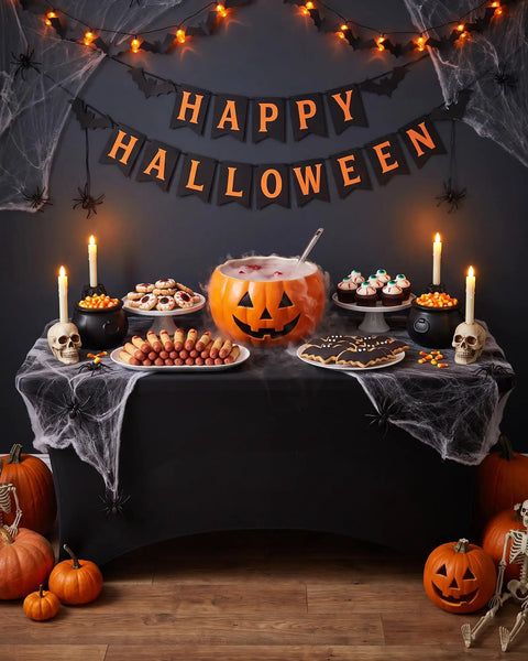 Slick Top Notch Two Pack Black 6Ft Fitted Tablecloth Rectangle Spandex Blend Cover used at a Halloween party table with decorations.