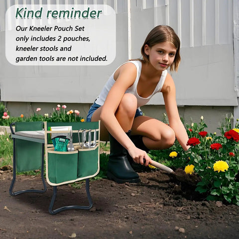 2 Pack Garden Pouches For Kneeler And Outdoor Tool Storage Bags with multiple pockets on kneeling stool in garden scene