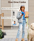 Person using smartphone at front door with Dead Simple Keyless Entry Door Lock With Knob Set In Classic Oil Rubbed Bronze.