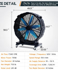 48 Inch Industrial Drum Fan With 17,660 CFM High Velocity Airflow, showing dimensions and detailed specifications.