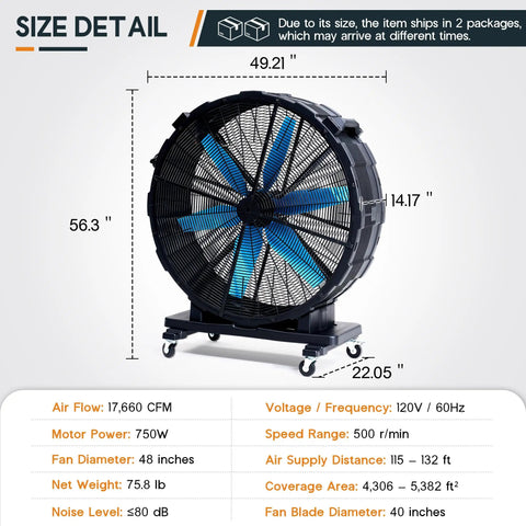 48 Inch Industrial Drum Fan With 17,660 CFM High Velocity Airflow, showing dimensions and detailed specifications.