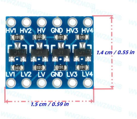 Four Channel Bidirectional Logic Level Shifter Module 3.3V To 5V And 5V To 3.3V front view with dimensions