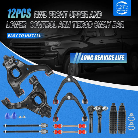 Chevy Silverado GMC Sierra Front End Suspension Kit 1999 To 2006 12 Piece With 4 Upper And Lower Control Arms Ball Joints 2 Sway Bars 4 Tie Rods 2 Boots OE Replacement Upgrade PU Bushings, black steel parts