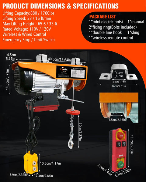 Heavy Duty Electric Hoist With Remote Control 1760 Lb Winch showcasing dimensions and components in detailed view.