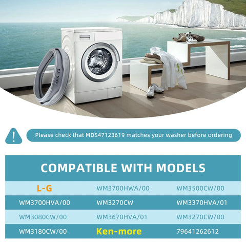 Upgraded MDS47123619 Washer Door Gasket Replacement For LG Kenmore Front Load Washers Durable Silicone Seal To Stop Leaks And Keep Your Washer Humming Easy Install Wear Resistant Corrosion Resistant Door Boot, gray silicone seal, front view