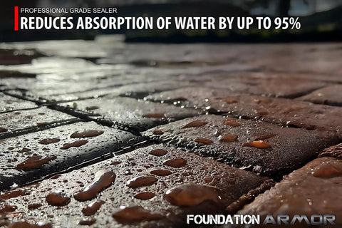 Pro Grade Solvent Based Concrete Sealer Builds A Killer Matte Wet Look Finish On Brick Flagstone And Slate Masonry with water droplets.