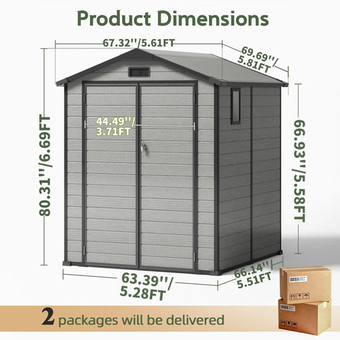 6x6 Ft Plastic Outdoor Storage Shed With Transparent Roof No Hassle Setup Resin Shed With Lockable Floor And Double Doors For Your Backyard Garden Patio Or Lawn product dimensions illustration.