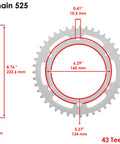 Honda CBR600RR Drive Chain And Sprockets Kit with Red O Ring for 2003 2006 Models, showing 43 tooth rear sprocket dimensions.