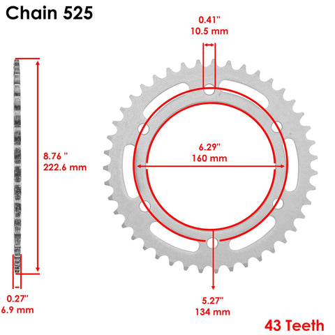 Honda CBR600RR Drive Chain And Sprockets Kit with Red O Ring for 2003 2006 Models, showing 43 tooth rear sprocket dimensions.