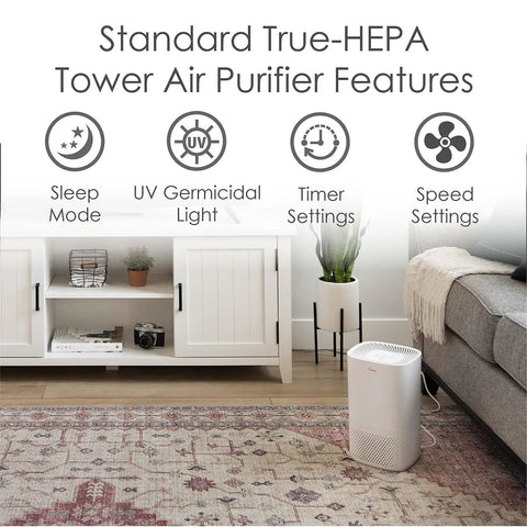 True HEPA Air Purifier With UV Light For A Clean Home Covers Up To 250 Sq Ft, shown in a living room near a sofa and plant.