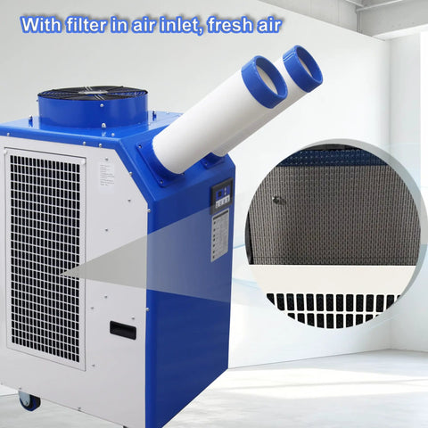 Heavy Duty 18700 BTU Industrial Spot Cooler Portable Air Conditioner with dual exhaust and air filter, blue and white design.