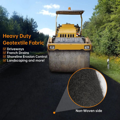 Heavy Duty Weed Barrier Landscape Fabric 4 Ft By 100 Ft Double Layer Ground Cover For Garden Beds And Driveways Pro Grade Woven Geotextile Weed Control Mat in use under road compactor