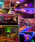 Collage of rooms with 130ft Bluetooth RGB LED Strip Lights With App Control And Remote Music Sync Color Changing LED Tape 20 Colors 6 Modes Quick Slow Two 65ft Rolls For Bedroom Home Decor And Party Vibes.