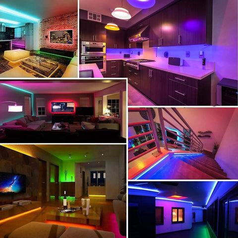 Collage of rooms with 130ft Bluetooth RGB LED Strip Lights With App Control And Remote Music Sync Color Changing LED Tape 20 Colors 6 Modes Quick Slow Two 65ft Rolls For Bedroom Home Decor And Party Vibes.