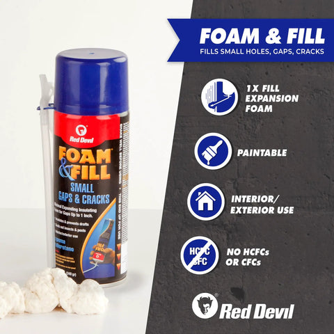 Heavy Lifters Expanding Spray Foam Sealant Fills Gaps And Cracks Straight Up, 12 oz polyurethane foam with paintable texture.