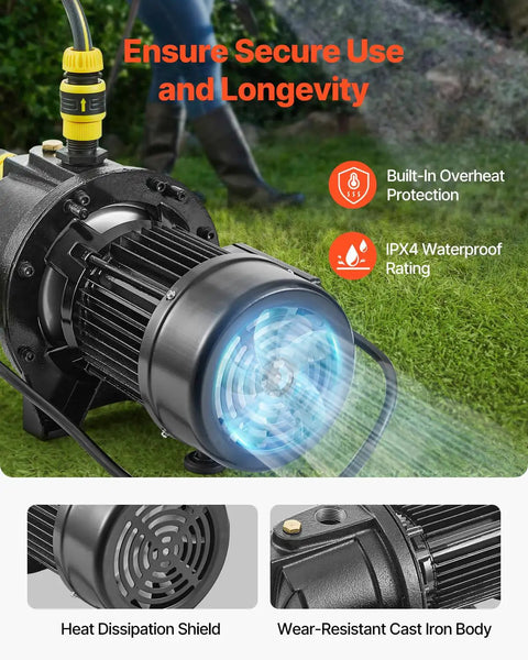 115 Volt Shallow Well Jet Pump 1 HP Heavy Duty Cast Iron Irrigation Water Pump with IPX4 waterproof protection on grass