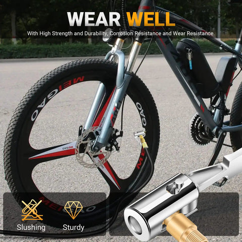 All Metal Lock On Air Chuck For Tire Inflation 90 Degree Locking Valve Chuck attached to bicycle tire for hands-free inflation