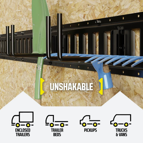 Heavy Duty E Track Tool Hanger Hooks 2 Pack 7.5 Inch Deep Universal Garage Organizer on plywood board