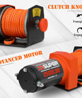 Heavy Duty 2500 lb Electric Winch 12V DC With 30ft Synthetic Rope For UTV ATV Boat Recovery Kit Quick Mount Plate And Hardware 153 To 1 Gear Ratio High Efficiency Easy Install Emergency Extrication Ready, cluth knob and motor view
