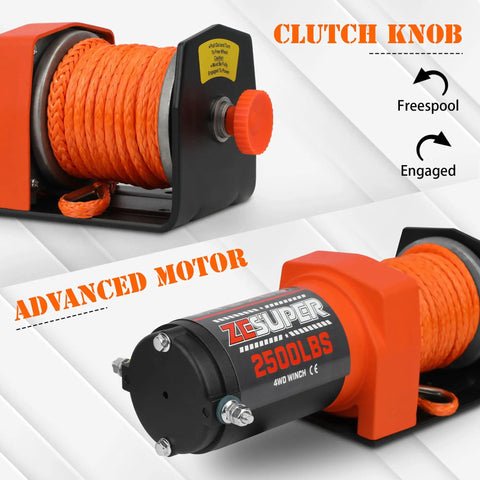 Heavy Duty 2500 lb Electric Winch 12V DC With 30ft Synthetic Rope For UTV ATV Boat Recovery Kit Quick Mount Plate And Hardware 153 To 1 Gear Ratio High Efficiency Easy Install Emergency Extrication Ready, cluth knob and motor view