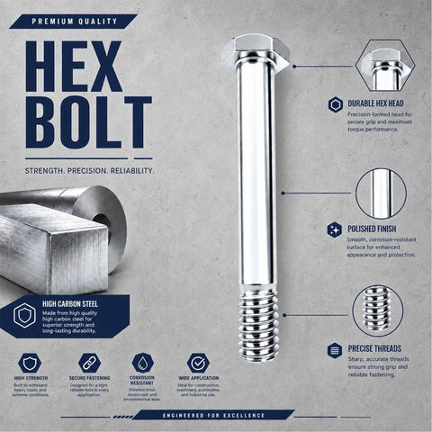 Beefy 100 Pack 5/16-18 Hex Head Bolts 2.09 Inch Zinc Plated Carbon Steel For Handcarts Replacement Hub Bolts Ideal For Fleet Repairs And Warehouse Maintenance, polished hex bolt close-up