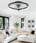 Totally Sleek Low Profile Ceiling Fan With Bright Light And Remote, 20 Inch Matte Black, Dope Smart App Control, Reversible Motor, Six Speed Settings, Sweet Dimmable Glow For Any Space in modern living room setting.