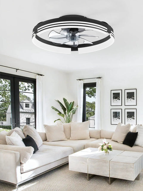 Totally Sleek Low Profile Ceiling Fan With Bright Light And Remote, 20 Inch Matte Black, Dope Smart App Control, Reversible Motor, Six Speed Settings, Sweet Dimmable Glow For Any Space in modern living room setting.