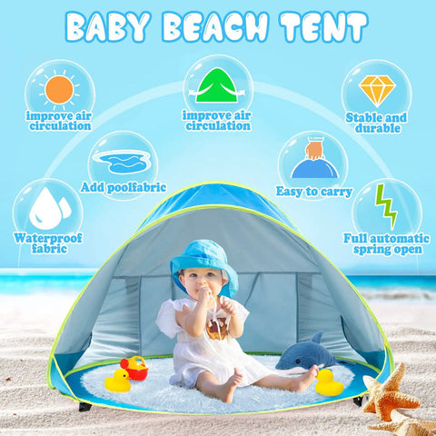 Pop Up Baby Beach Tent Shade Lounge With Auto Open Portable Sun Shelter For Infants Under Three UV 50 Plus Protection