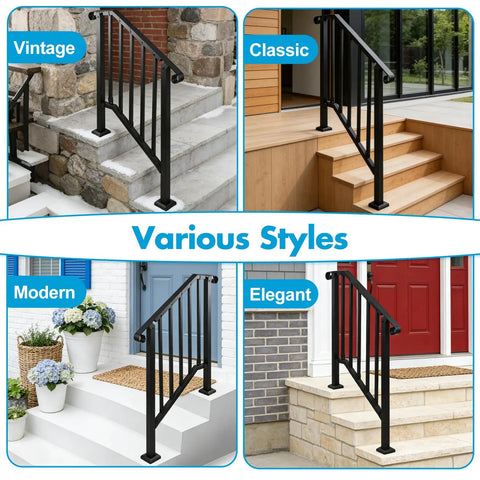 Heavy Duty Carbon Steel Handrails For Outdoor Steps Slick 2 Step Stair Rail Kit displayed in vintage, classic, modern, and elegant styles.