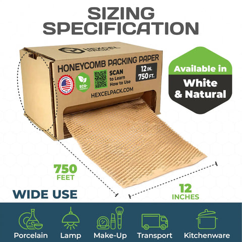 Eco Friendly Honeycomb Packing Paper For Shipping And Moving A Green Way To Pack Your Stuff Without Plastic Bubble Wrap Cushioned Protection In Self Dispenser Box Natural Material 12 Inch By 750 Feet, showing box and paper roll