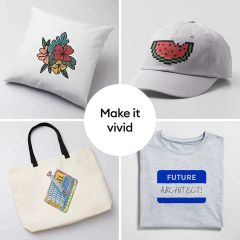 Dope Sublimation Printable Iron On Sheets 8.5 By 11 Inches 10 Pack For Full Color Transfers On Dark Fabrics And Blank Items DIY Heat Press T Shirts Bags And More showcasing printed pillow, cap, tote bag, and t-shirt
