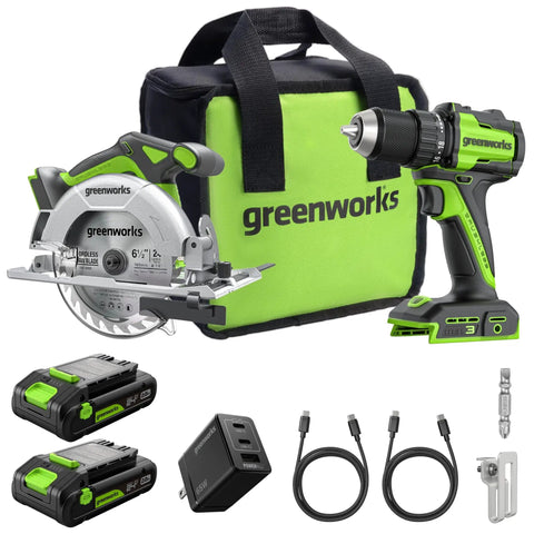 24V Brushless Cordless Drill Kit With 1/2 Inch Keyless Chuck, 400 In-Lb Torque, 0-450/0-2000 RPM, 18+1 Clutch For Wood Metal, Comes With 6.5 Inch Circular Saw 4800 RPM, Two 2.0Ah USB-C Batteries, Braided Cable, And 65W Rapid Charger displayed with bag and accessories