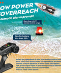 18 Inch Brushless RC Boat For Adults And Kids, Blazing 55 KPH Speed, remote control, battery alert, 656 ft range displayed.
