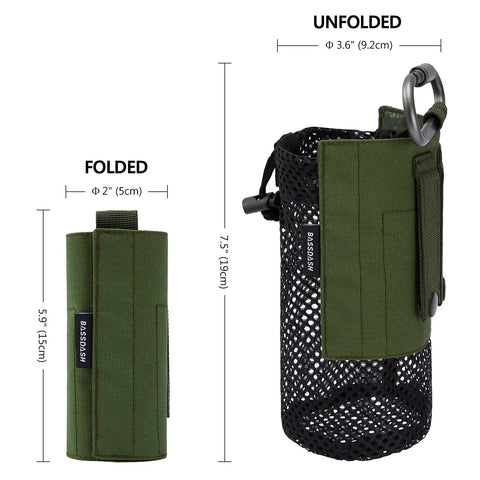 Rugged Tactical Molle Water Bottle Pouch With Carabiner Foldable Mesh Holder shown folded and unfolded, ideal for outdoor use.