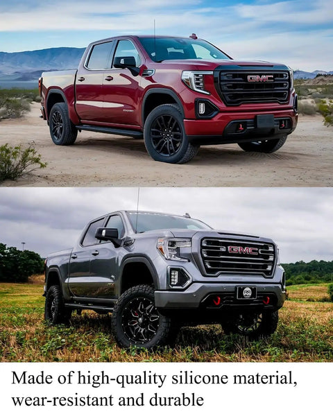 GMC Sierra 1500 Red Tow Hook Covers Set for 2019 2020 2021 2022 2023 2024 2025 installed on trucks, silicone material