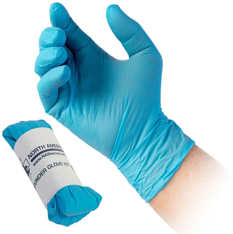 Blue gloves from Compact First Aid Kit For Bleed Control On The Go With Vacuum Sealed Pack Includes Compressed Gauze Petrolatum Gauze ETD.
