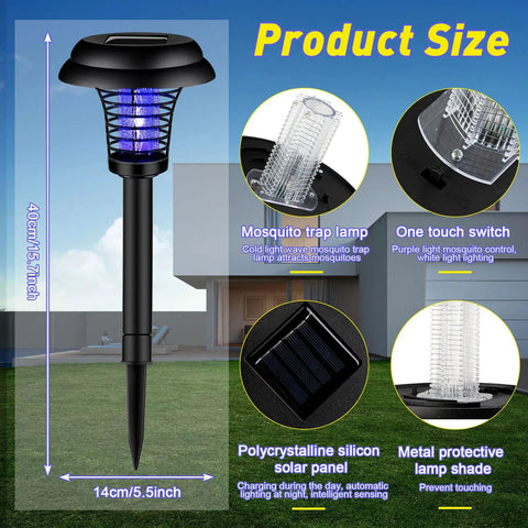 4 Pack Solar Bug Zapper Lights Waterproof Mosquito Killer Outdoor Bug Zappers For Moths Gnats Flies Indoor Outdoor Garden Patio Purple And White Solar Powered No Outlet Needed For Easy Backyard Control showing product dimensions and features