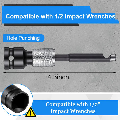 Ultimate Power Hole Punch Tool For Heavy Duty Belt Fastener With 1/2 Inch Drive, 4.3 inch black steel design, compatible with impact wrenches.