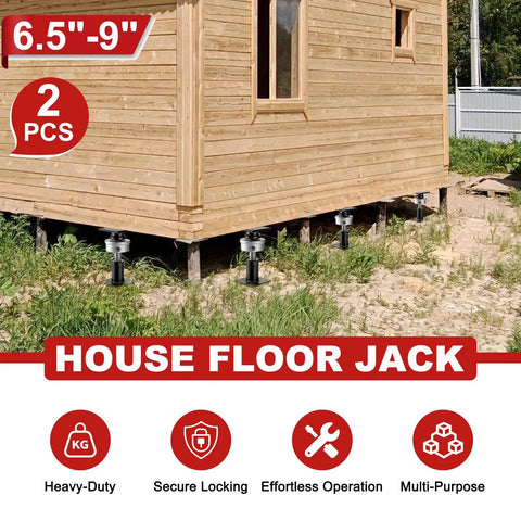 Heavy Duty Adjustable Screw Jacks For Home Leveling With Built Tough Steel Frames Holding 22046 Lbs Plus Hassle Free Aluminum Turning Wheels For Crawl Space Floor Repair And Foundation Fix, displayed under a wooden house.